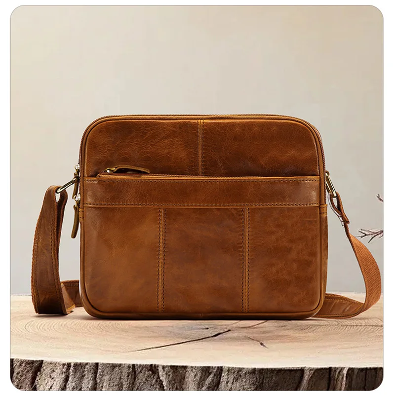 Men's Vintage Crazy Horse Leather Messenger Shoulder Bag Casual Daily Genuine Leather Multi‑Compartment Crossbody Sling Purse