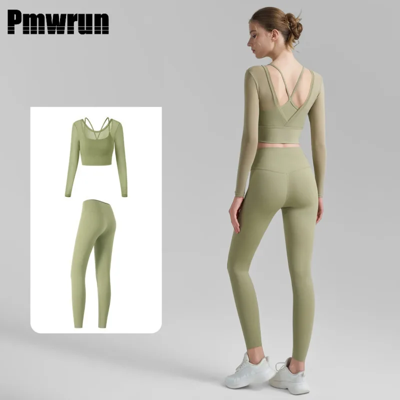 

PMWRUN 2025 Nude Feel Yoga Set Two-Piece New Mesh Pure Desire Yoga Wear Women Lycra Tight Yoga Gym Legging Pants Set For Women