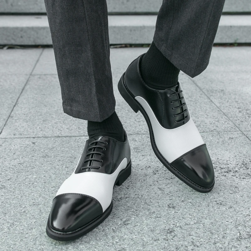 

High Quality Men Business Leather Shoes with Pointed Ends Color Blocked Straps Casual and Formal Leather Shoes