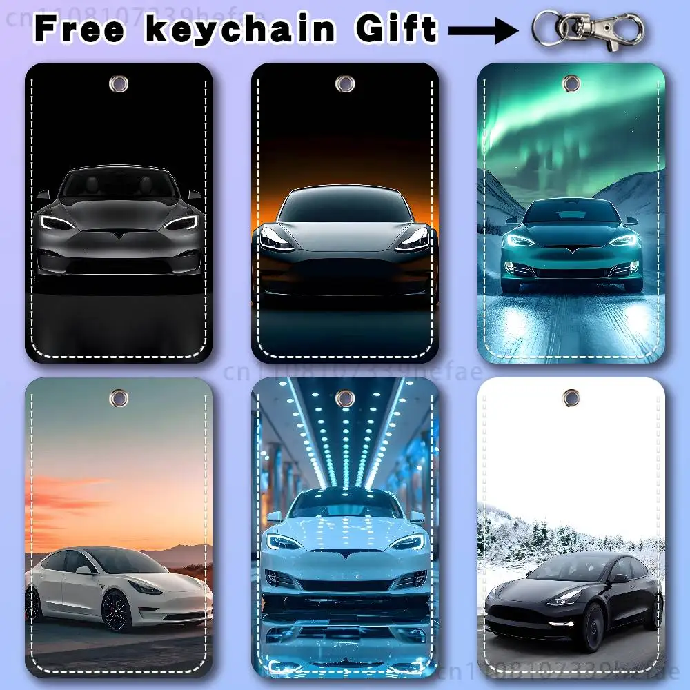 Cool and sporty T-Tesla-a-ES Pattern 1Pc PU Leather Card Holder Keychain Key Ring Door Lock Access Tags ID Card Case Keychain