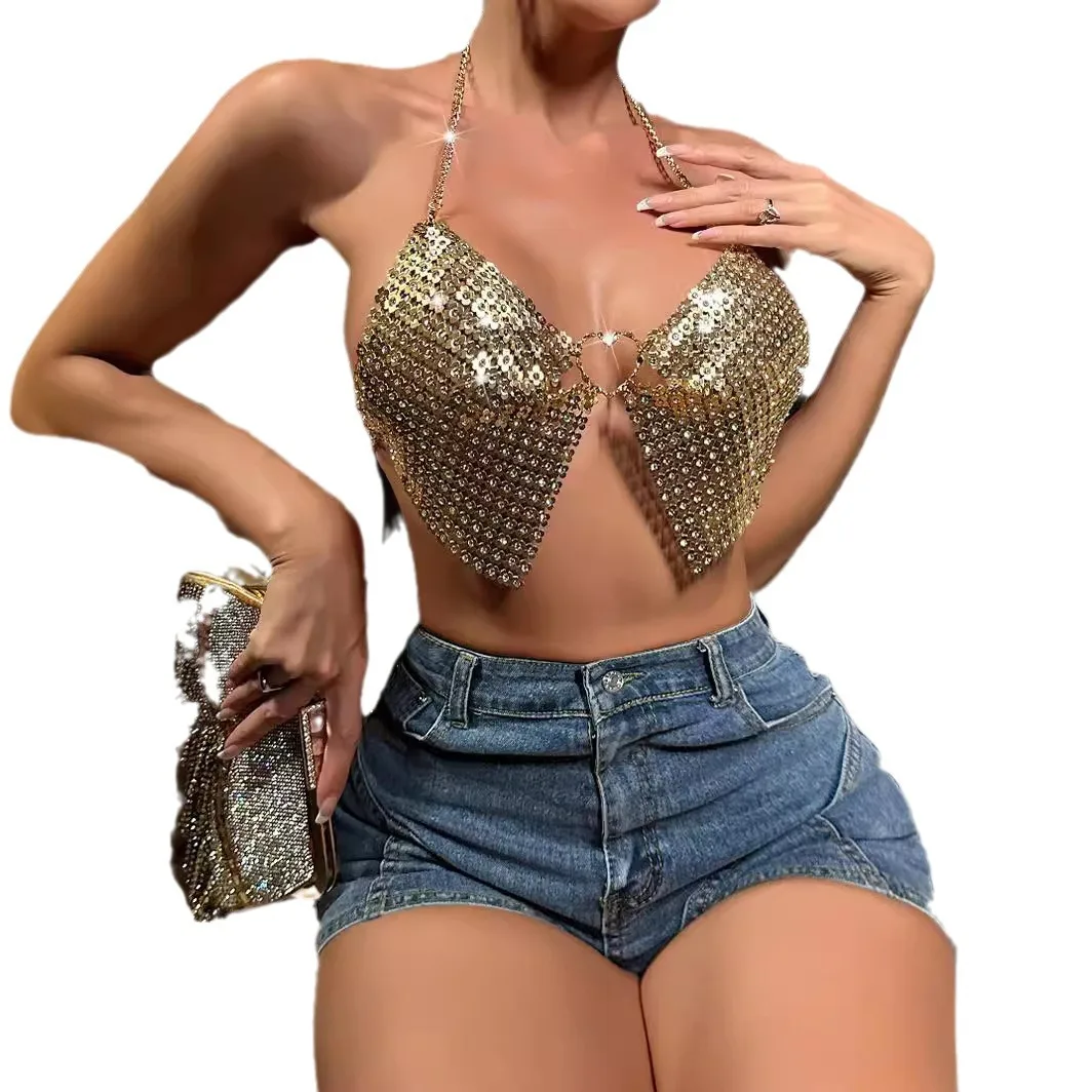 

European Gold Aluminum Halter Camis Tops Breast Chain for Women Bling Sexy Metal Rhinestone Tops Dance Show Costume Body Chain