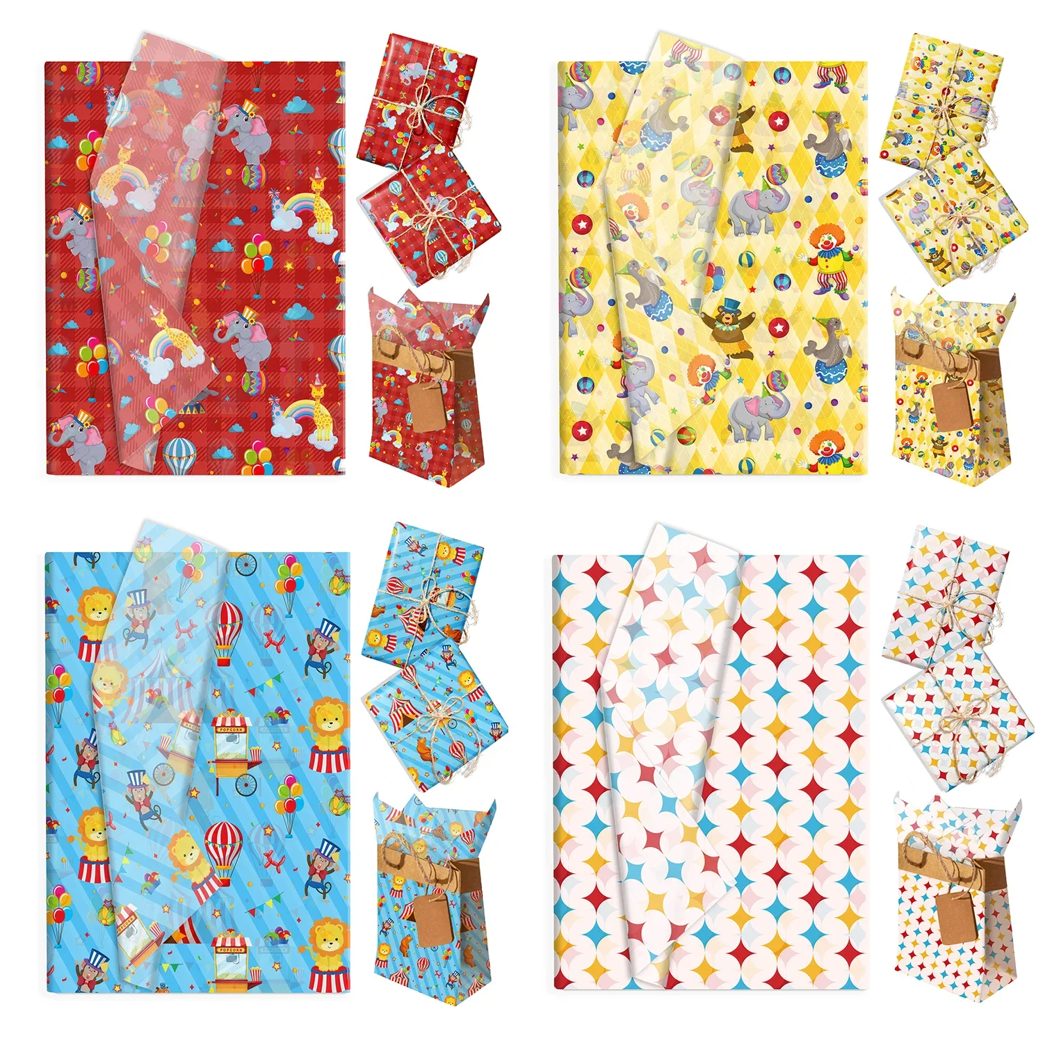 20/50 pièces de papier de soie pour emballer des cadeaux sur le thème des animaux de cirque et du carnaval, papier décoratif, idéal pour l’emballage de cadeaux d’anniversaire, de Noël ou pour les fêtes d’enfants.