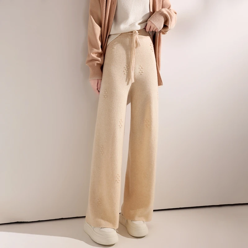 New Chic Women Pure Wool Pants Autumn Winter Wide Leg Pants Full Length 100% Merino Wool Knitwear Basic Simple Trousers Korean