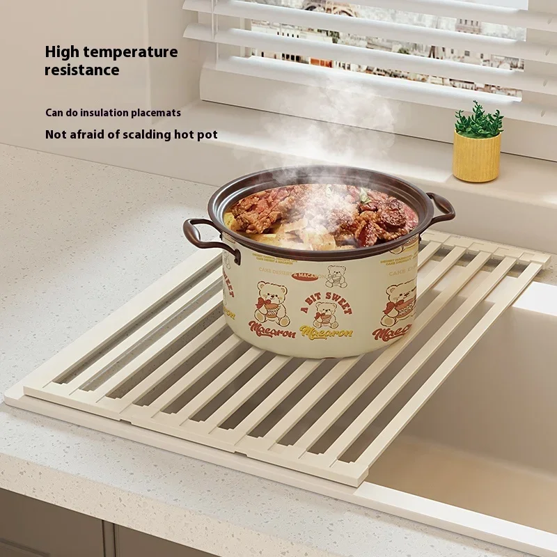 304 Stainless Steel Kitchen Drain Rack, Foldable Sink, Drain Basket, Sink Storage Rack, Roller Shutter, Silicone Drain Pad view 4