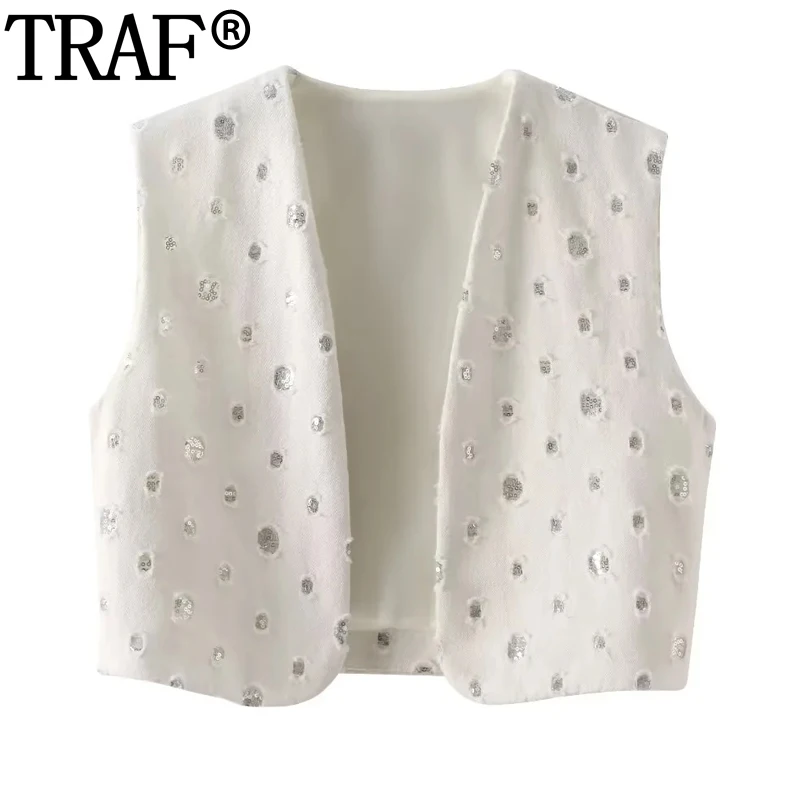 TRAF Sequin Vest Women 2024 Cardigan Sleeveless Vests For Women Fashion Summer Crop Top Woman Streetwear Waistcoat Jackets