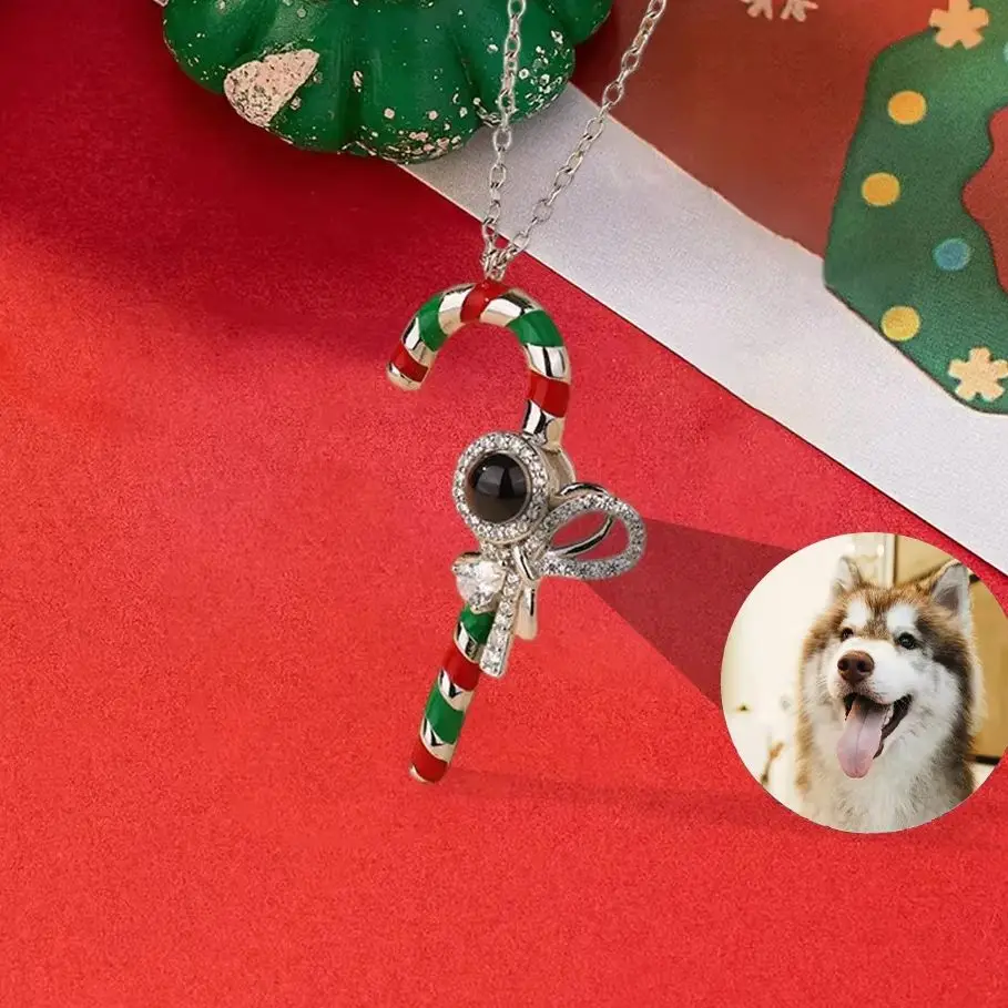 

Christmas Cane Projection Necklace Custom Christmas Jewelry Personalized Photo Necklace Custom Family Picture Enamel Jewelry
