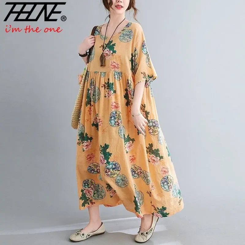 Summer Fashion Dresses for Women 2023 Cotton Floral Robe Casual Chic Elegant Loose Long Elegant Holiday Dress Vestido Feminino