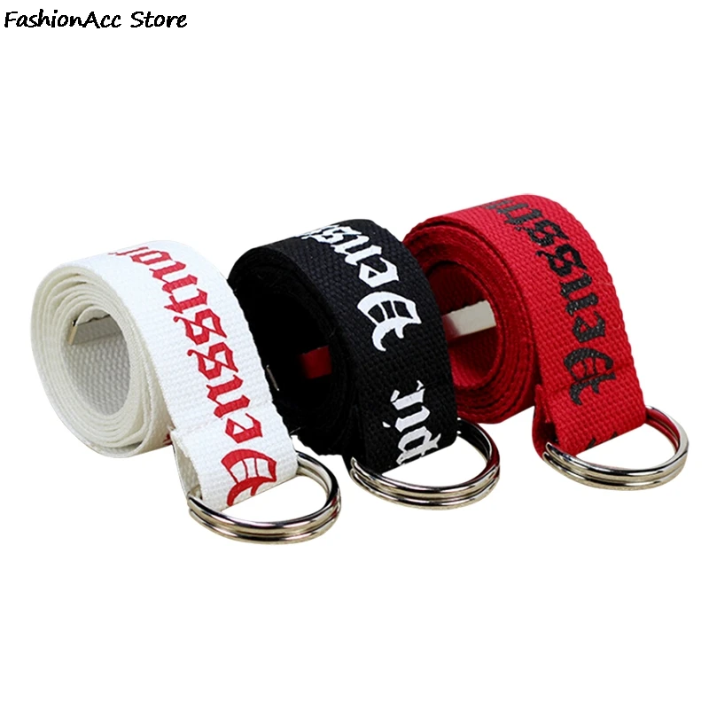 Unisex Canvas Belts Letters Printed D Ring Double Buckle Punk Waist Strap Women Men Teenager Long Wide Belt