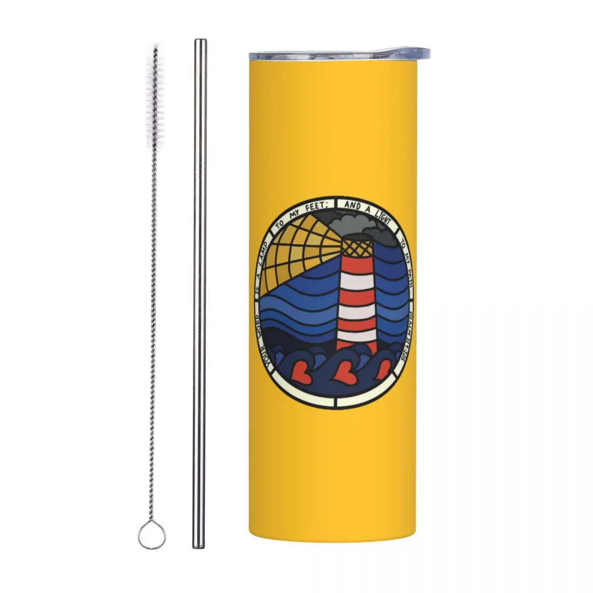 A Lamp To My Feet Stained Glass Lighthouse Bible Verse Stainless Steel Tumbler Vacuum Mug Thermal Cold Cup Straws With Lid 20oz