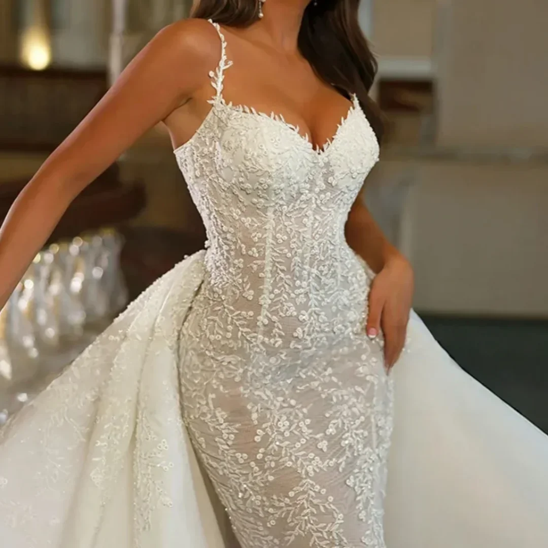 Luxe zeemeermin trouwjurken trein vestido de novia afneembare trein spaghettibandjes kant applicaties jurken op maat