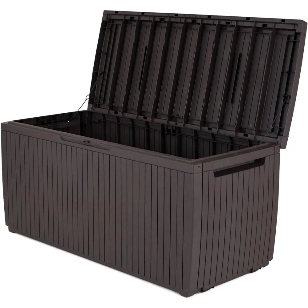 Cajas de almacenamiento de resina para exteriores, caja de almacenamiento de 80 galones para Patio, muebles, alfombrillas, juguetes de piscina y herramientas de jardinería con asas, marrón para el hogar