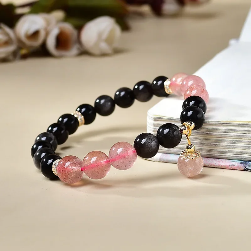 

Natural Strawberry Crystal Silver Obsidian Bracelet Women's Light Luxury Fashion Lucky Bracelet, Original Design