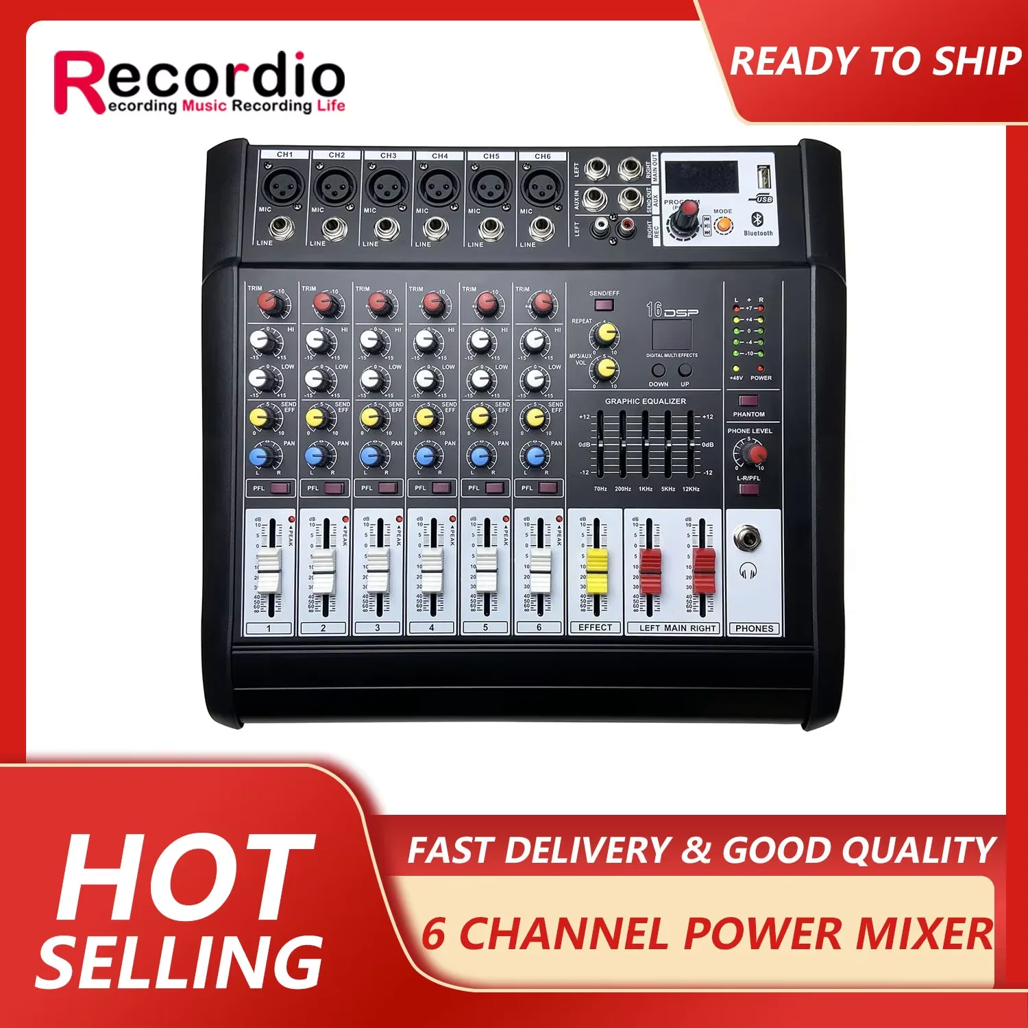 

GAX-602D 48V Phantom Power Mixer USB 6 Channel Amplifier DJ Karaoke Audio Mixer Support USB Memory Card for Performance Family