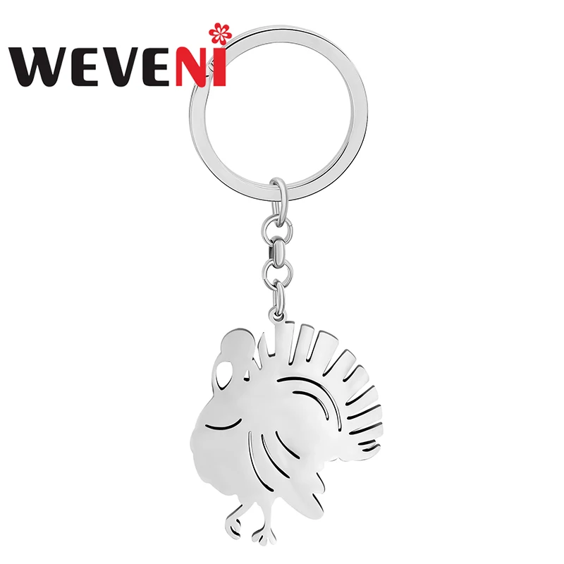 WEVENI Thanksgiving Keychains Stainless Steel Silver-plated Turkey Animals Key Rings Metal Holder Jewelry For Women Girls Charms