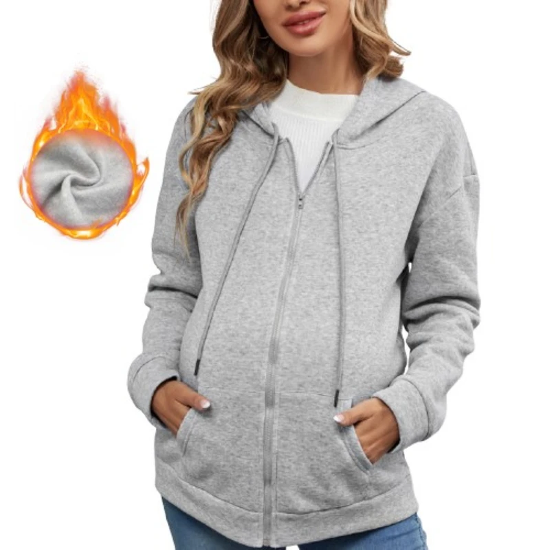 

Solid Casual Maternity Hooded Sweatshirt Street Pocket Sportswear Oversized Pregnant Clothing Drawstring Full Sleeved Coat