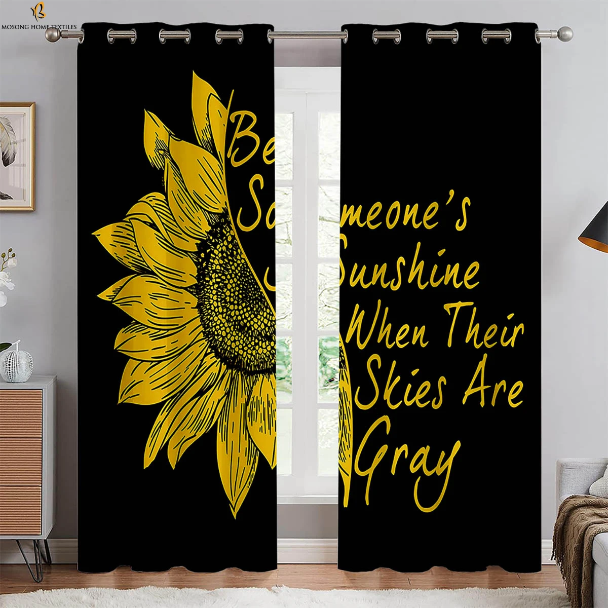 Black Retro Sunflower Floral Alphabet Print Curtains Bedroom Living Room Kitchen Window Decoration Curtains 2 Pieces