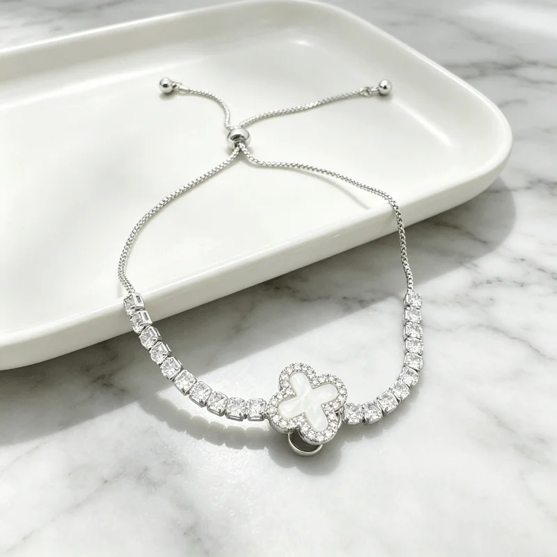 Silver Plated Lucky Leaf Shell Zircon Rotatable Adjustable Bracelet Women Sweet Exquisite Wedding Daily Travel Jewelry Gift