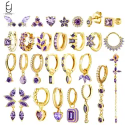 925 Sterling Silver Needle Luxury Purple Zircon Heart Stud Earrings For Women Fashion Geometry Pendant Gold Earring Fine Jewelry