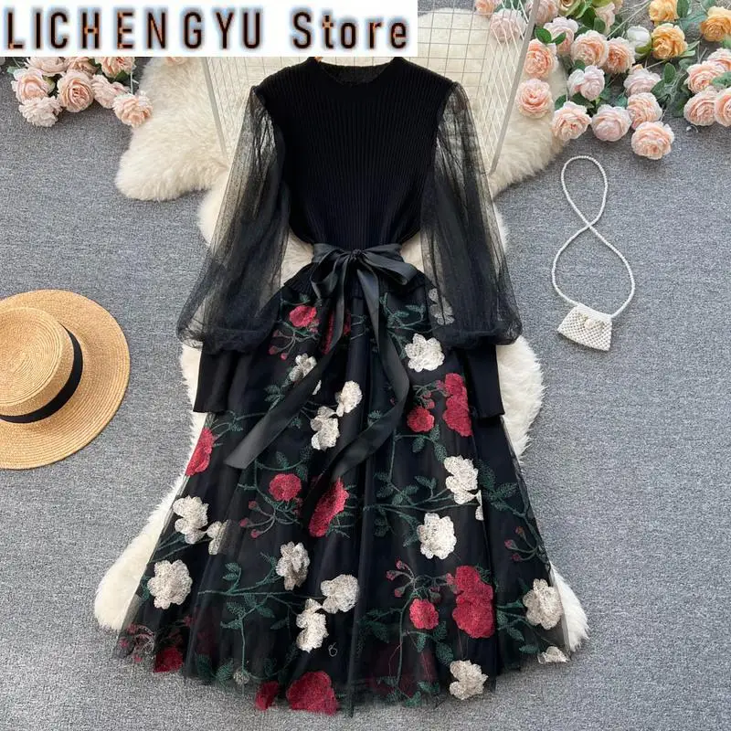 

Sweet Style Women's Dress Mesh Lantern Long Sleeve Print High Waist Patchwork A-line Vestidos Winter Spring New