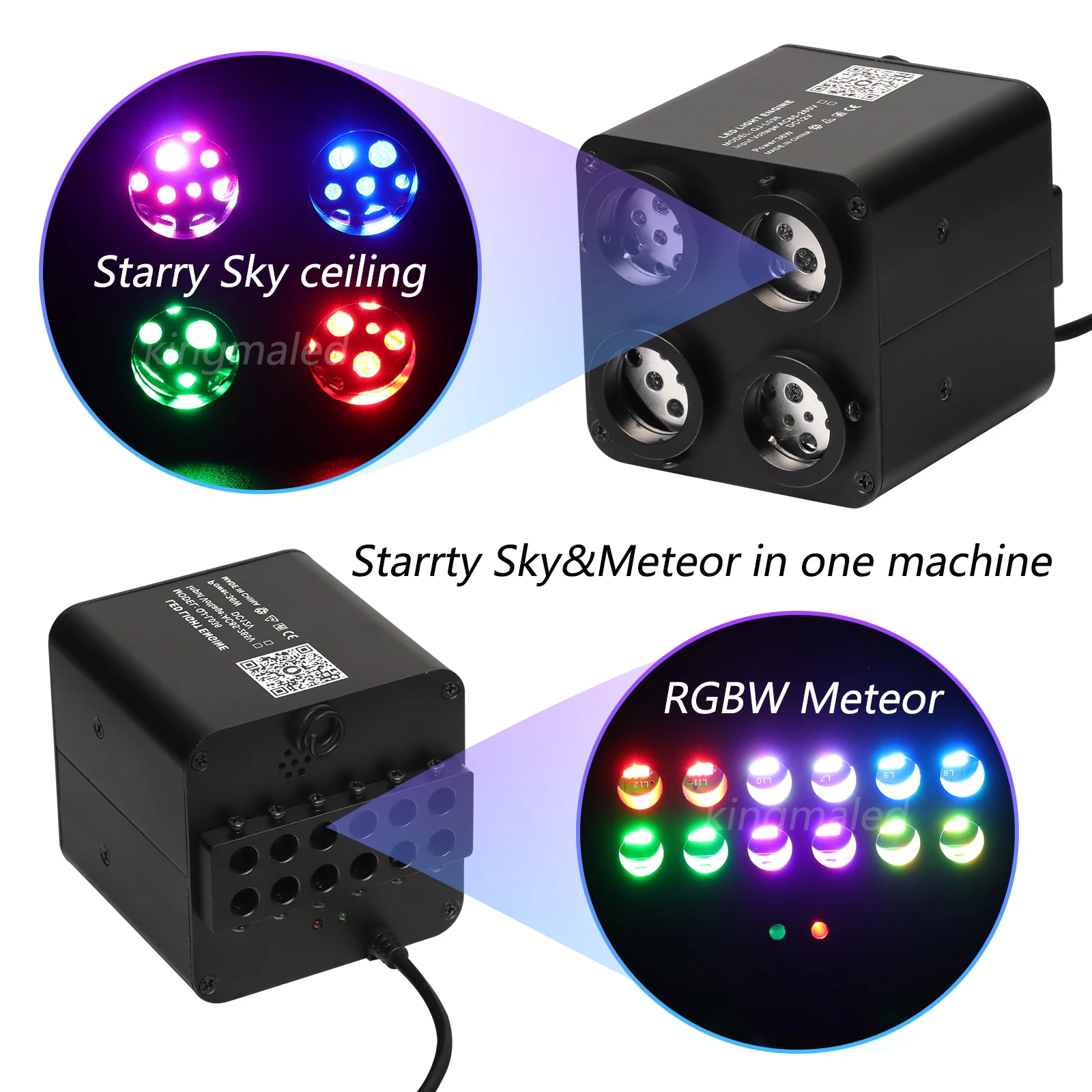 Kit de plafonnier étoilé à fibres optiques RGBW 4 ports 36W, effet étoiles filantes, avec contrôle par application, pour étoiles de toit de voiture