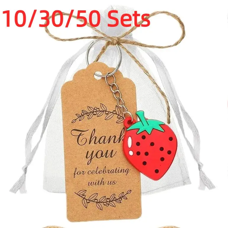 10/30/50 Sets Strawberry Keychains Baby Shower Party Favor Strawberry Keychains Charm Thank You Tags Kids Birthday Guests Gifts
