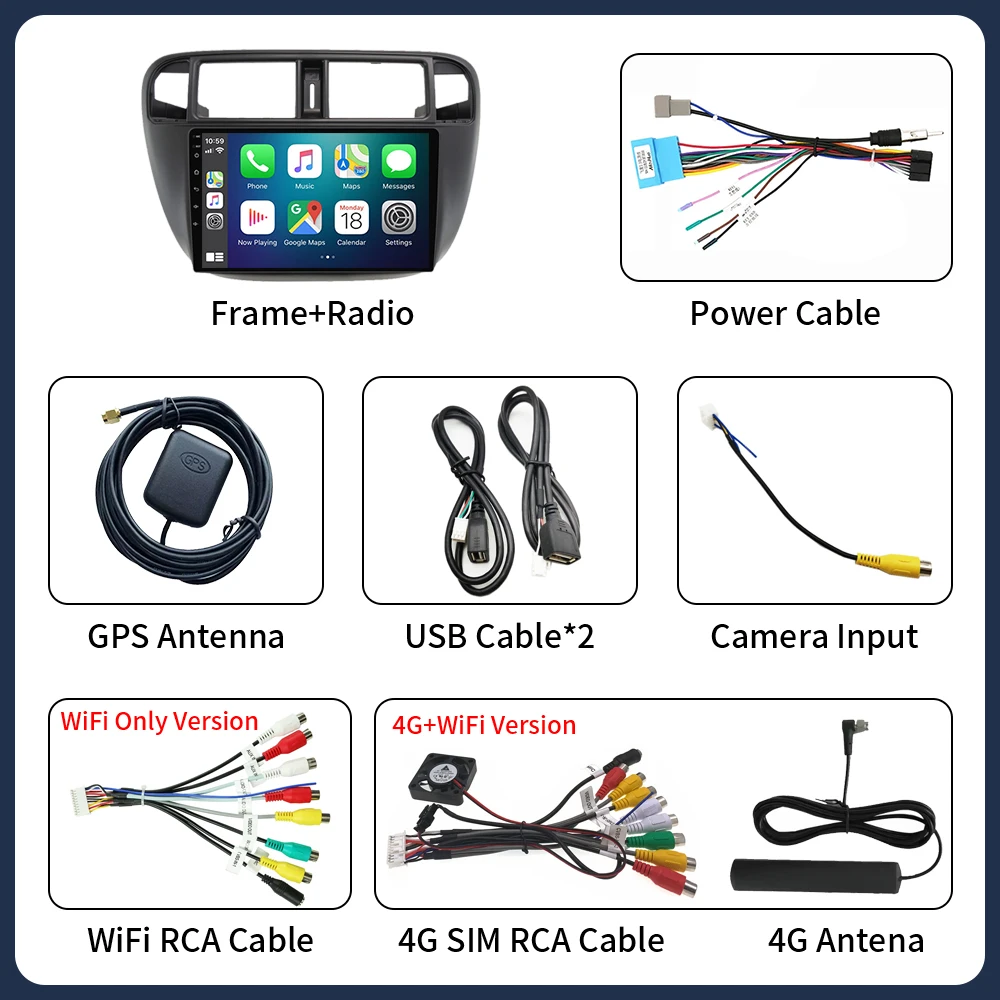 Android 16 Carplay Auto For Honda Civic 1996 1997 1998 1999 2000 2001 Multimedia Car Radio Player 5G Stereo 2 Din Tape Recorder