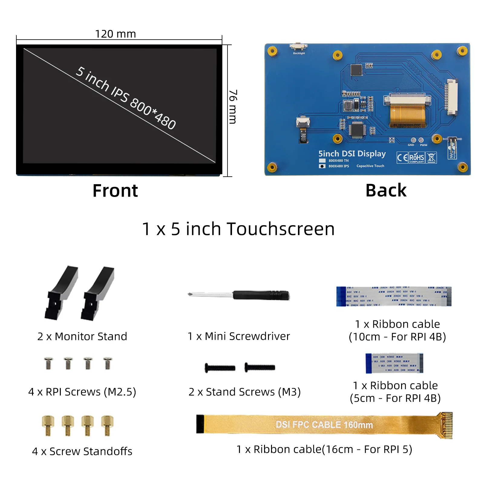 iUoYoMon 5 Inch 800x480 DSI IPS Display, Touchscreen Monitor for Raspberry Pi 5 4 B 3 B+ A+ Driver-Free