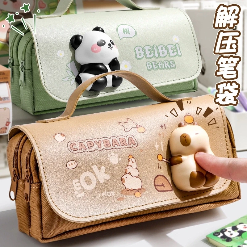 Green Panda Pencil Bag Large Capacity Stationery Pen Case Bear Dog Cat Handle Storage School Supplies Gift Box PU Ruler Holder A