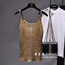 2024 spring and summer new all-match bingbing sparkling sequins vertical knitted hollow camisole sexy bottoming vest top