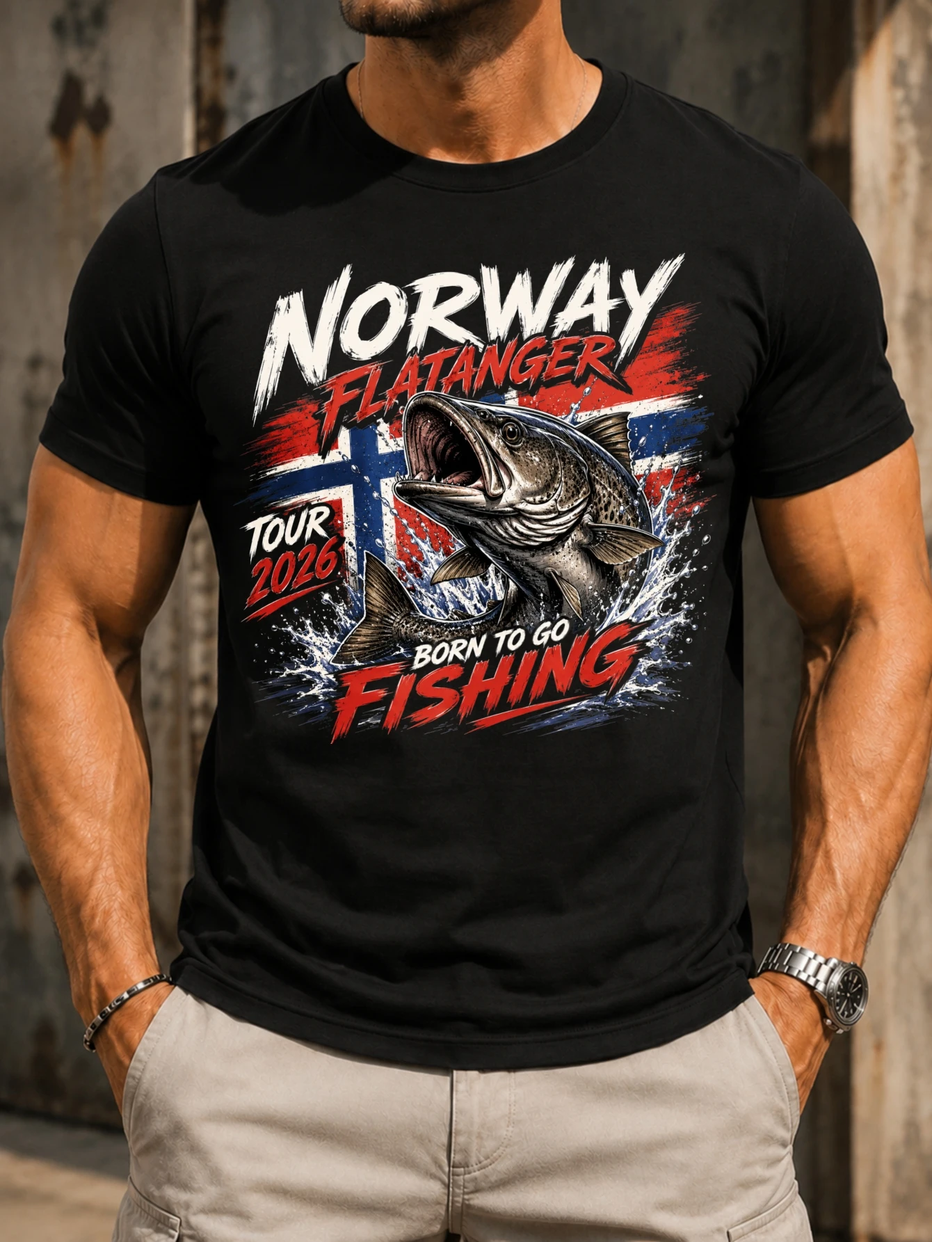 Norway Flatanger Fishing dramatic red blue Fl-ag strokes behind jumping trout splashing water and  Unisex All T-Shirt