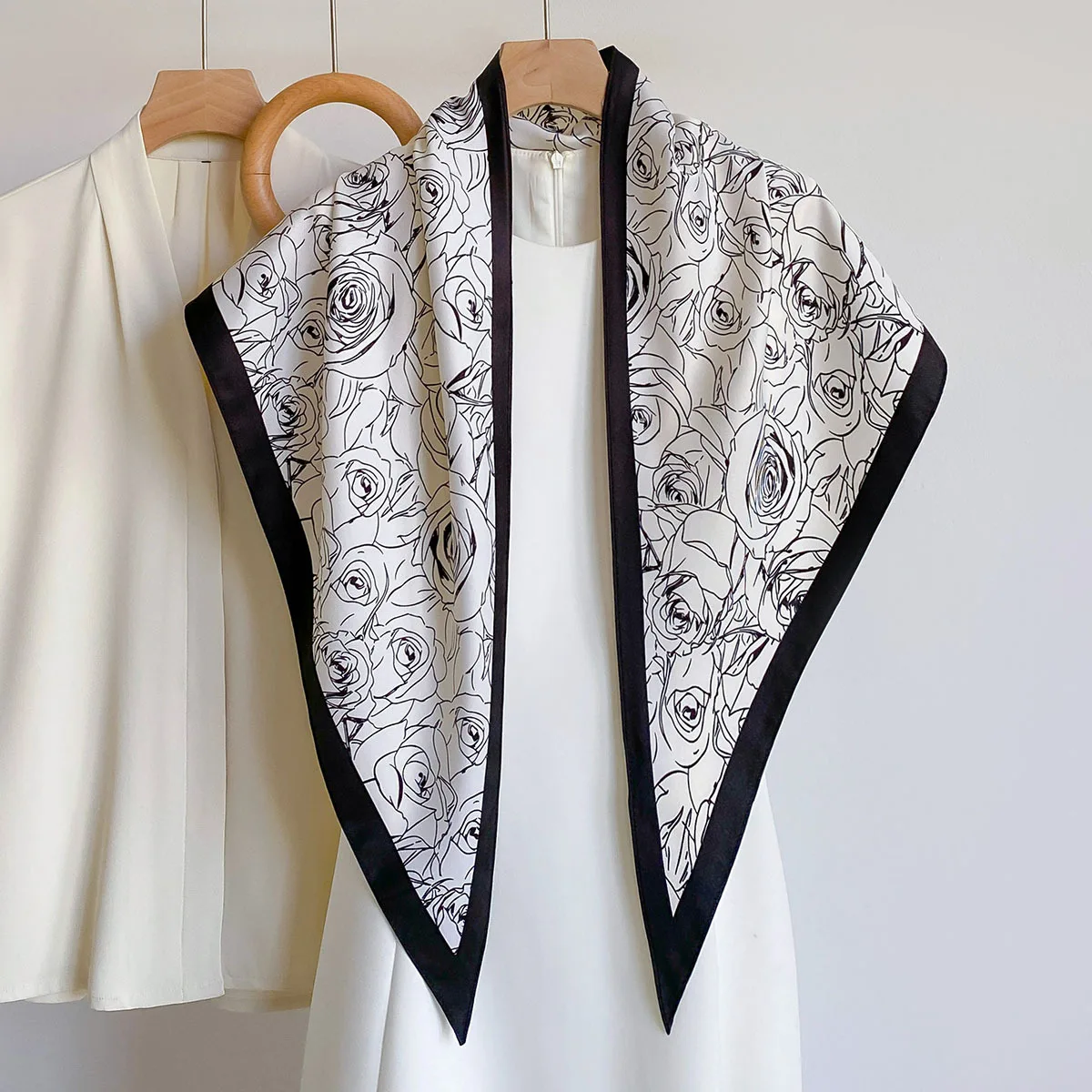 Glossy New Satin Triangle Scarf Ladies Minimal Sketch Rose Print Lightweight Wrap Can Style Jeans Neck Hair For All Season