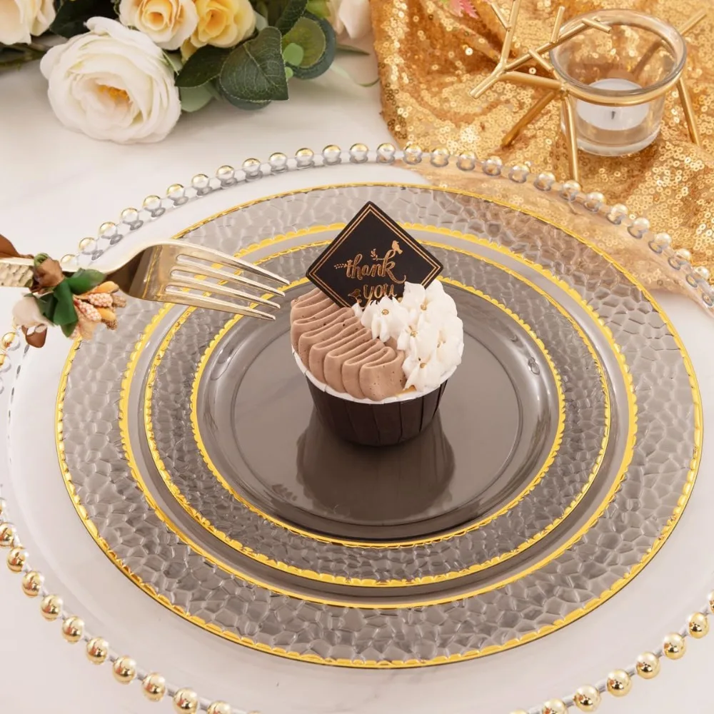 

150PCS Black Plastic Plate - Gold Party Plates 25Dinner Plate, 25Dessert Plates, 25Cups, 25Forks, 25Knives, 25Spoons for Party
