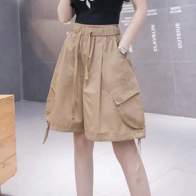 

Women Summer Thin Simplicity Loose Pocket Solid Color High Waist Cargo Women Clothes Casual All-match Appear Thin Quarter Shorts