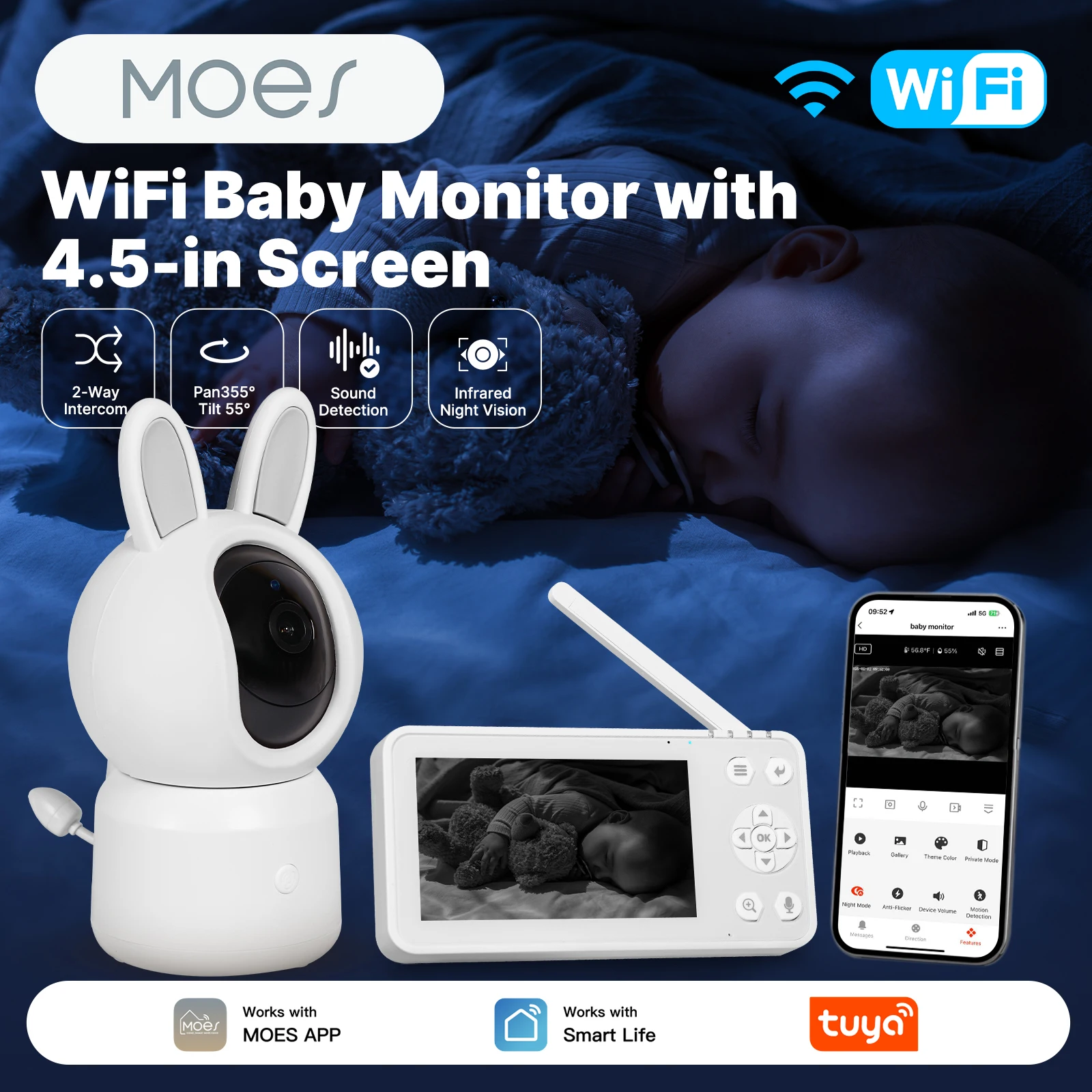 MOES WiFi Baby Monitor 4.5‑In Screen Baby Camera 2‑Way Talk Infrared Night Vision Motion Sound Detection Lullaby
