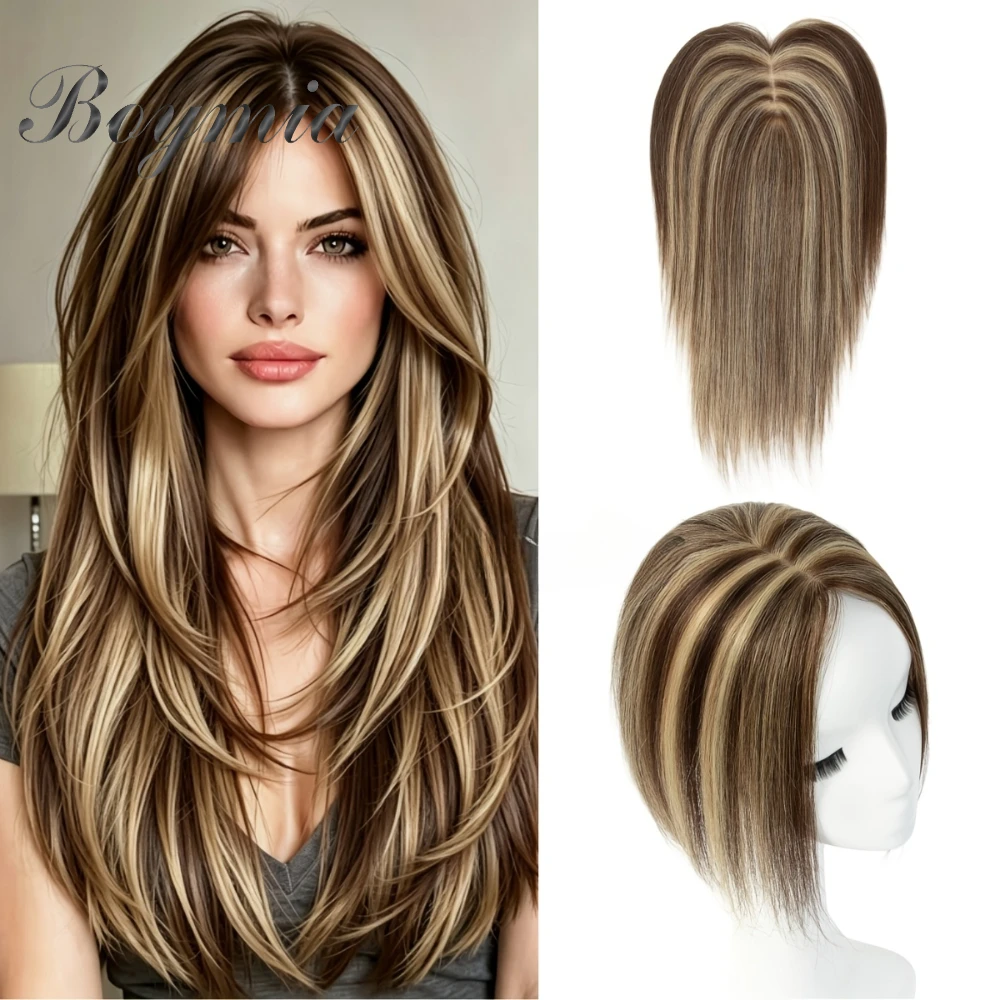 Real Human Hair Hairpiece for Women, Suitable for Thinning Hairlines And Bald Spots, No Bangs, 360-Degree Coverage Clip-On Hair Extensions, Paired with 7X11 Bionic Scalp Hair Pieces, Can Increase Hair Volume, Cover Gray Hair