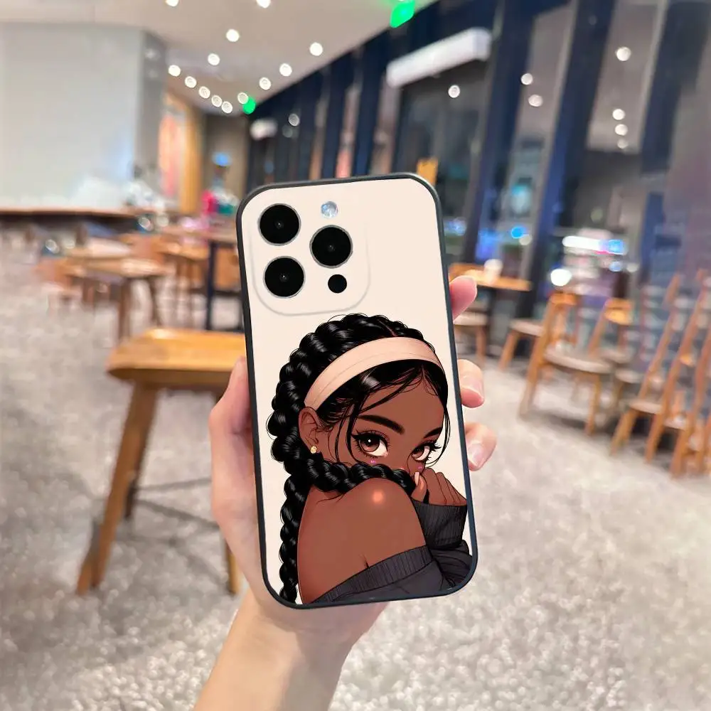 Schwarzes Mädchen A-afro Cartoon Handyhülle für iPhone 17,16,15,14,13,12 Plus, Max Weiche Silikon-Schutzhülle in Schwarz
