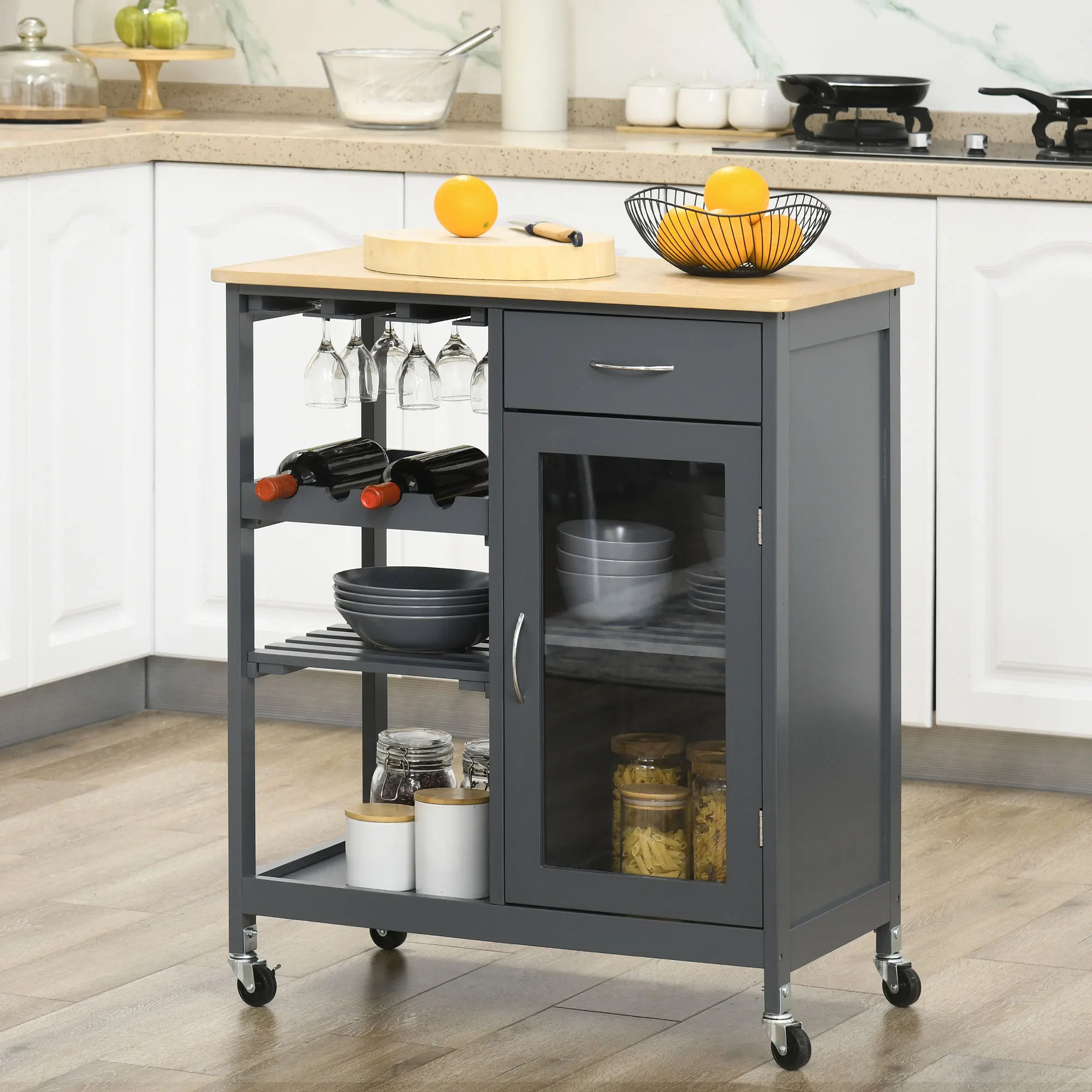 HOMCOM Rolling Kitchen Island with Storage, Kitchen Cart with 4-bottle Wine Rack, Bar Cart with Stemware Holder, Shelves, Drawer and Cabinet, Gray