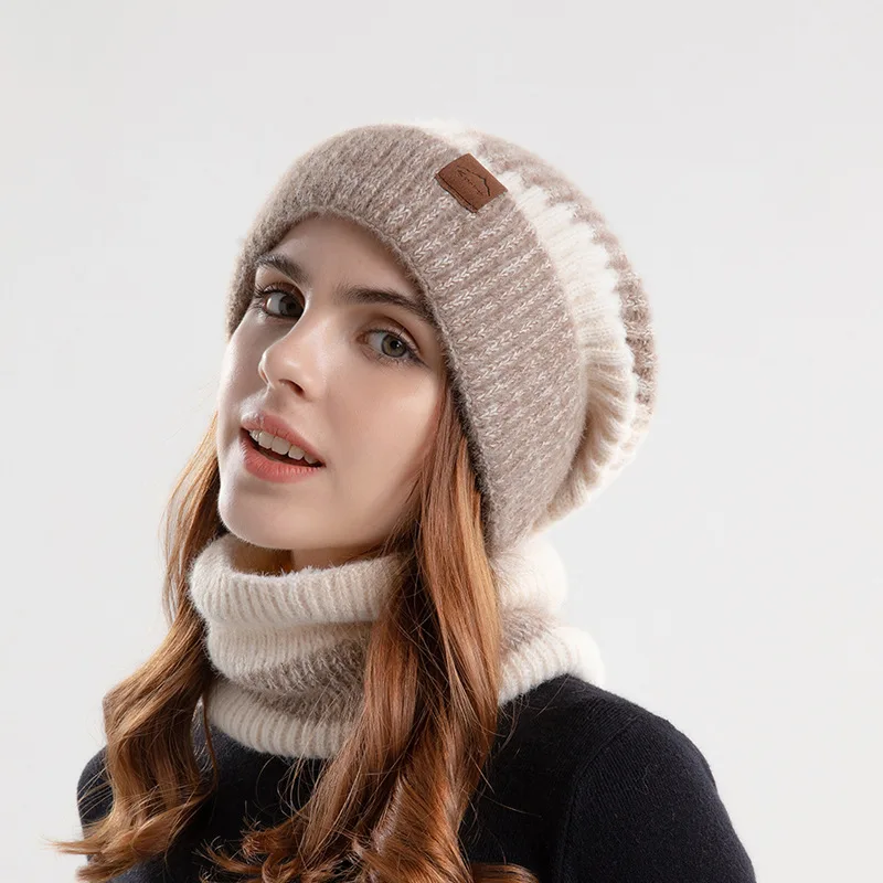 2pcs/ Set Women's Beannie Hat Plus Velvet Thickened Warm Knitted Stacking Pullover Hat With Ear Protection For Autumn And Winter