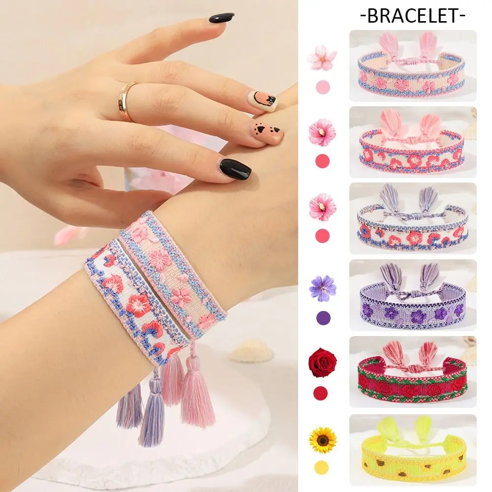 Embroidered Colorful Flower Bracelets Stackable Wrap Unique and Lucky Woven Charm Bracelets Tassel Handmade Boho Weave Bracelet