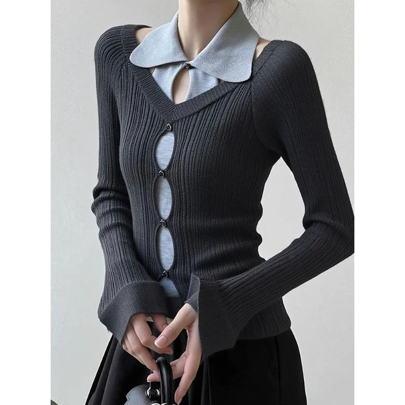 

Two Gray Knitted Sweaters for Women, Super Good-looking, High-end Design Sense, Unique and Beautiful Temperament Pinch Waist Top