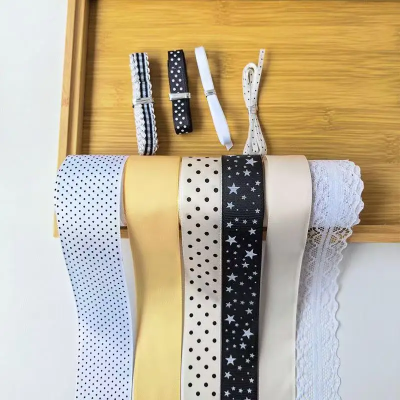 10-teiliges Set aus schwarz-weiß gepunkteten und sternförmigen Spitzenbändern, Geschenkverpackung für Bars, DIY-Verpackung, Hängematerial-Paket – Detail 6