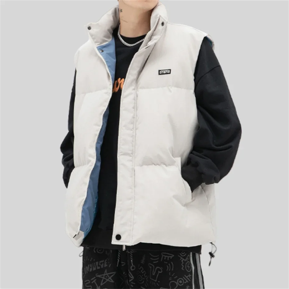 Winter Letter Puffer Vest Men Thicken Warm Sleeveless Jacket Bubble Coat Men Oversized Harajuku Hip Hop Padded Jacket Down Coat