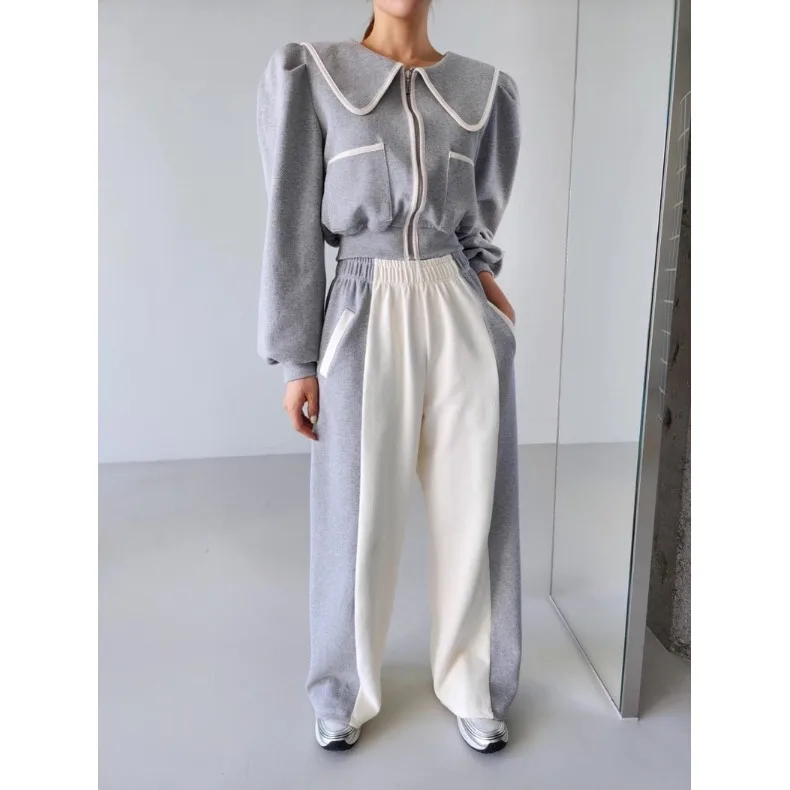 Top in felpa da donna coreano chic ort più pantaloni larghi abbinati Set da due pezzi Design casual versatile a colori