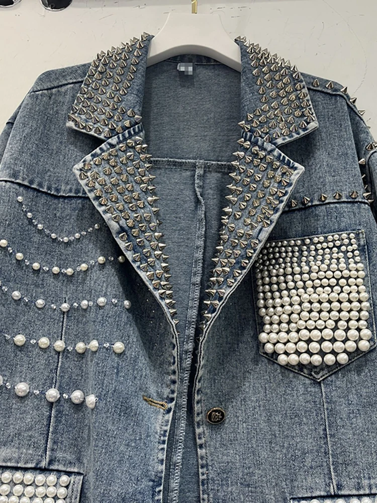 DEAT Women Denim Blazers Patchwork Notched Collar Pearls Diamond Embroidered Flares Suit Jackets 2024 Summer New Fashion 29L6434