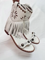 2024 New Retro Open-toed Bohemian Sandals Color Matching Embroidered Side Zipper Fringed Fashion Women's Boots