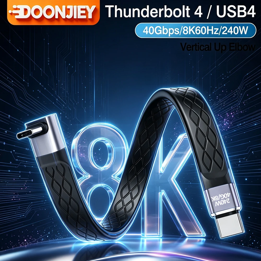 DOONJIEY Thunderbolt 4  90 Degree L-angle Flat Cable 40Gbps USB4 Side Elbow Type C Cable 240W 8K Vertical Up Elbow USB-C Data