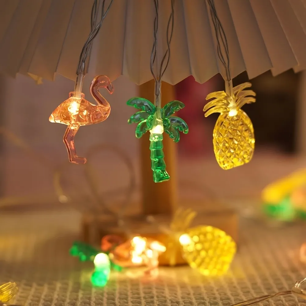 Tropical Themed LED Fairy Lights Flamingo Pineapple Palm Tree String Lights, Battery Powered Lights for Summer Beach Luau Party