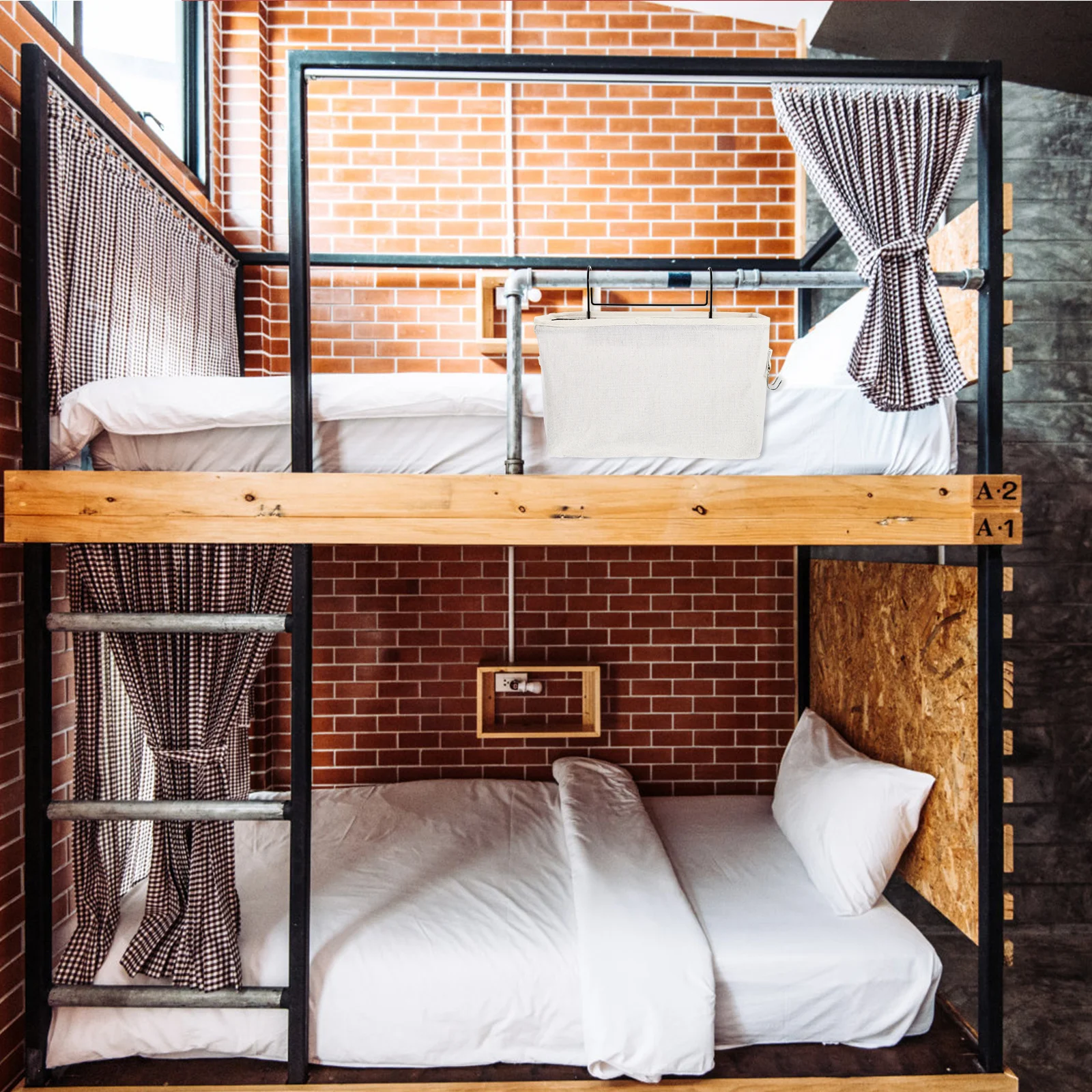 

1pc Bedside Hanging Basket For Dorm Storage Holder Door Hanging Organizer Canvas Iron Sundry Container Multi-Functional Tidy