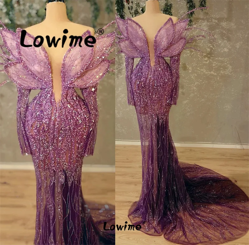 Purple Elegant Long Sleeves Aso Ebi Evening Dresses Long Mermaid Prom Dress Sequined Lace Formal Party Second Reception Dress