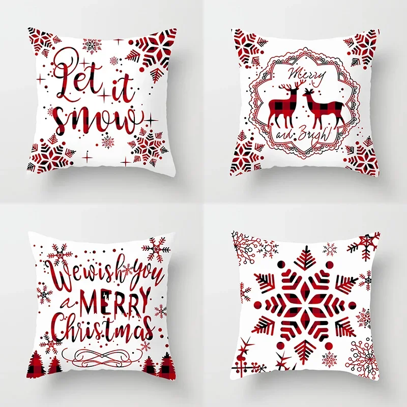 Christmas Decor Throw Pillow Case Red Flake Snow Deer Cushion Covers for Home Sofa Chair Decorative Pillowcases